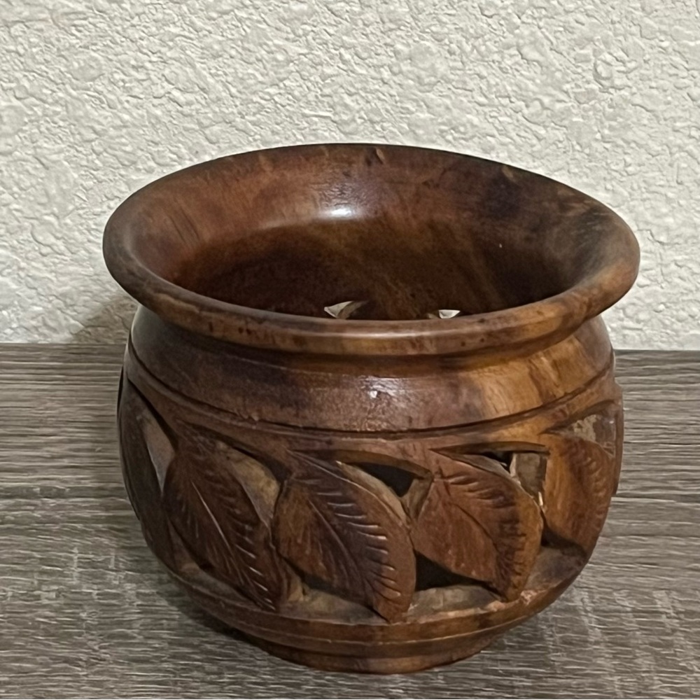 Hand Carved Wooden Acadia Candle Holder With Cutout Leaves Bohemian Decor